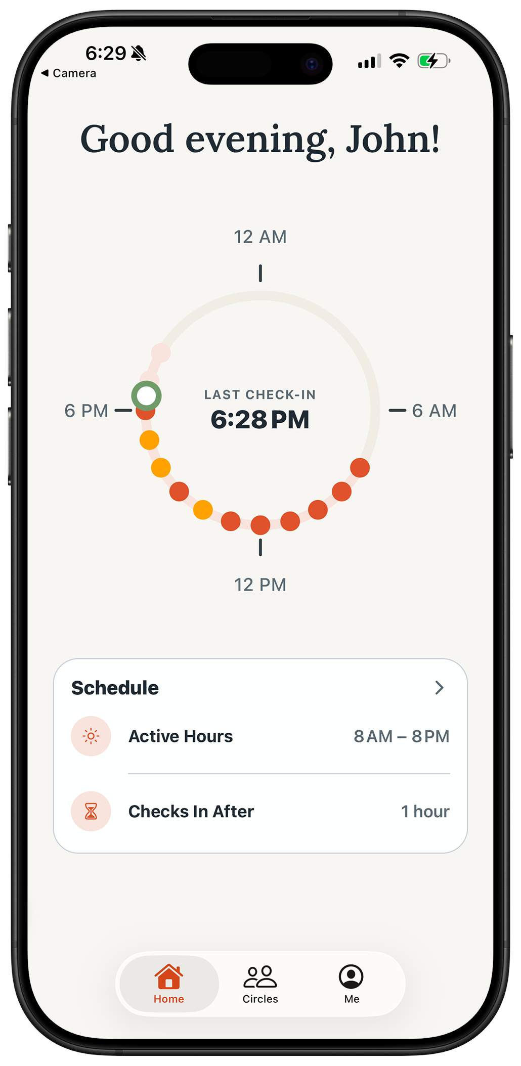 Bearywell home screen showing today's check-in status on a 24-hour day ring